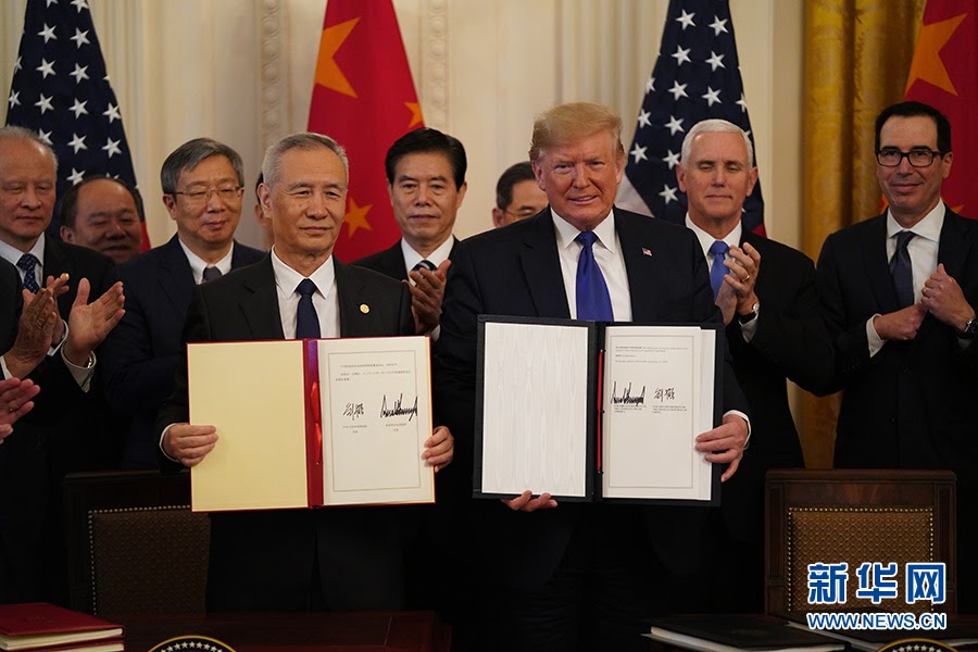 u.s. president donald trump and chinese vice premier liu he show off a signed phase one trade deal between the u.s. and china at the white house after a ceremony on january 15, 2020