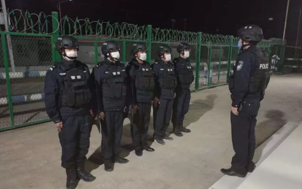 Police officers on duty during the COVID-19 lockdown in Xinjiang