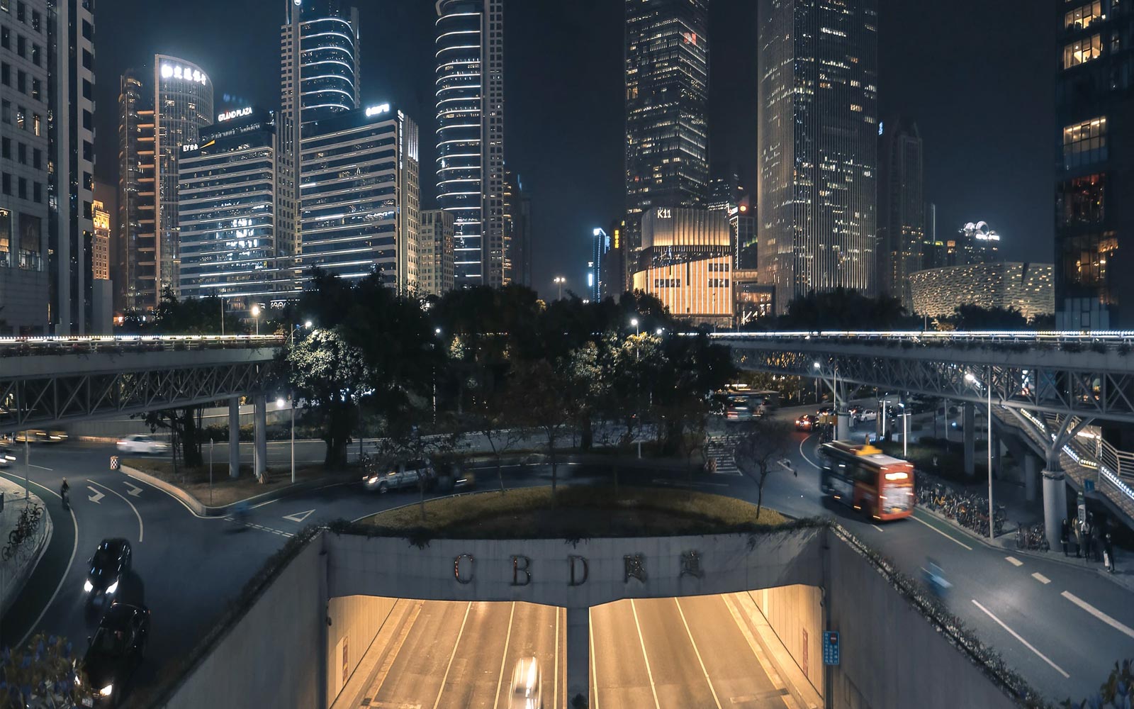 A highway scene at night in Guangzhou, a sprawling port city northwest of Hong Kong