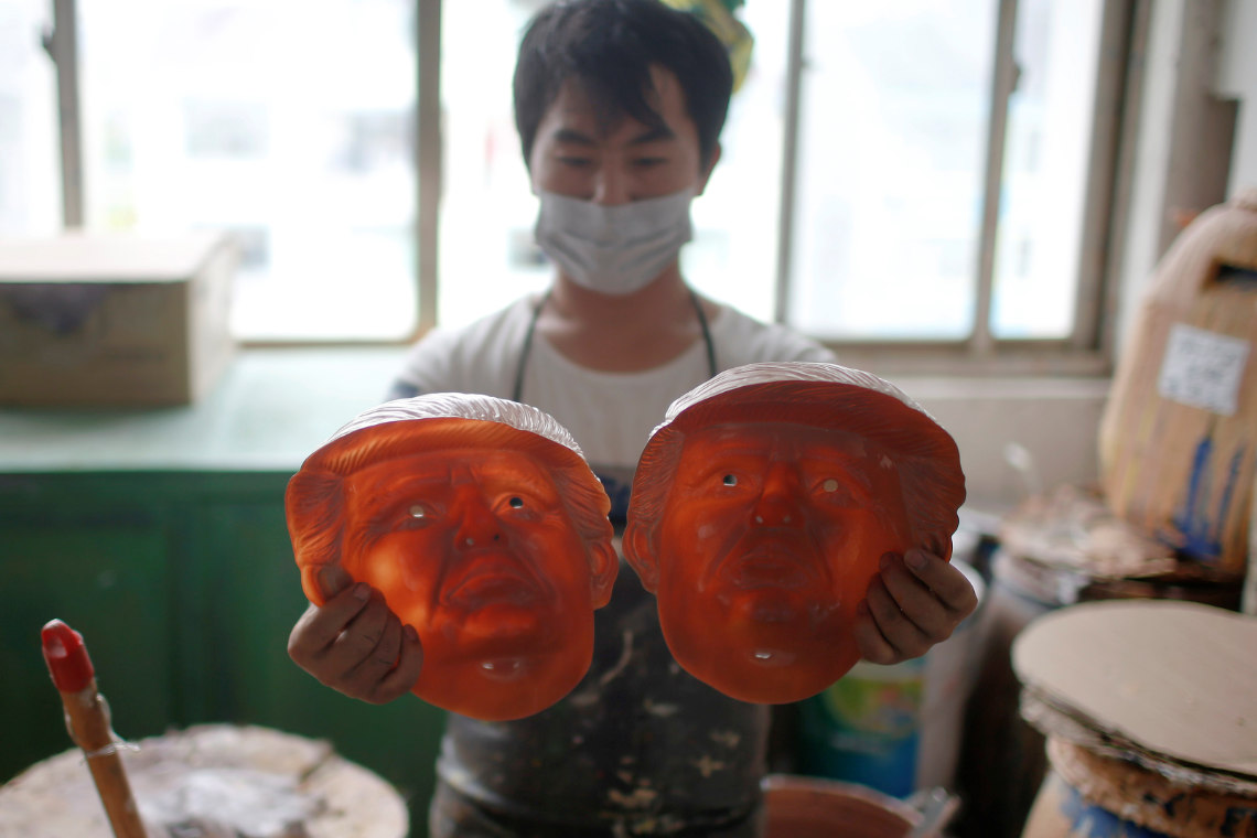 Donald Trump masks at a factory in Zhejiang Province, China