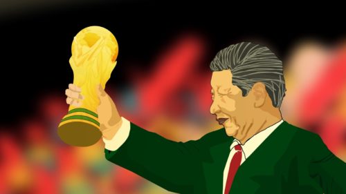 illustration of Xi Jinping holding up a World Cup trophy Great China Football Dream