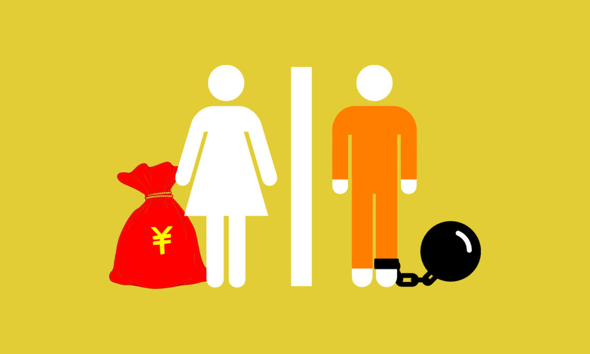 graphic representing a woman with a bag of chinese cash and a man in orange jumpsuit in jail