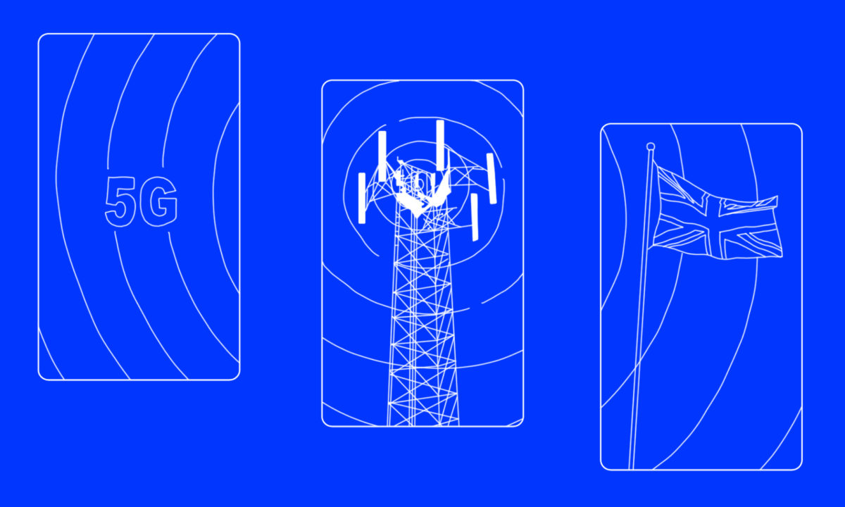 illustration of a cell tower, the letters 5G, and the british flag