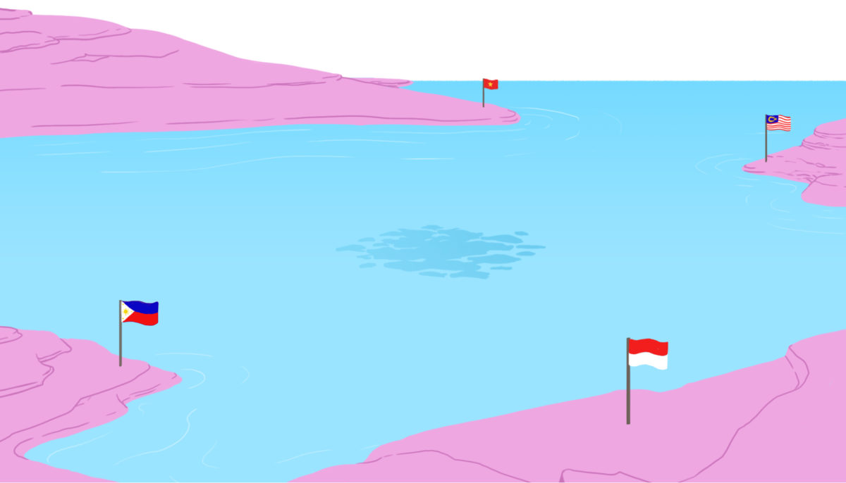 illustration of south china sea and territorial claims by indonesia, malaysia, vietnam, and the philippines with each country's flag