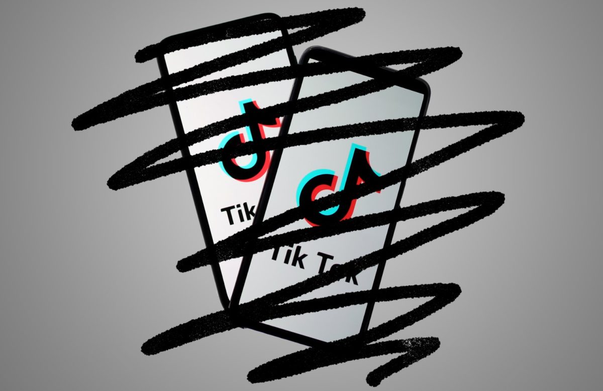 illustration of two phones with tiktok logos, scribbled over to represent the prospect of tiktok being banned by the u.s. government