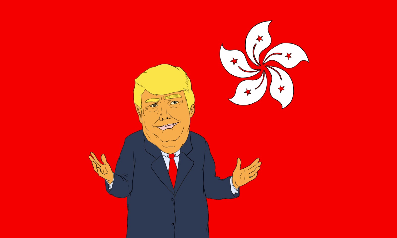 illustration of donald trump shrugging with the flag of hong kong in the background, indicating him being indecisive about hong kong and not really caring about the city one way or the other