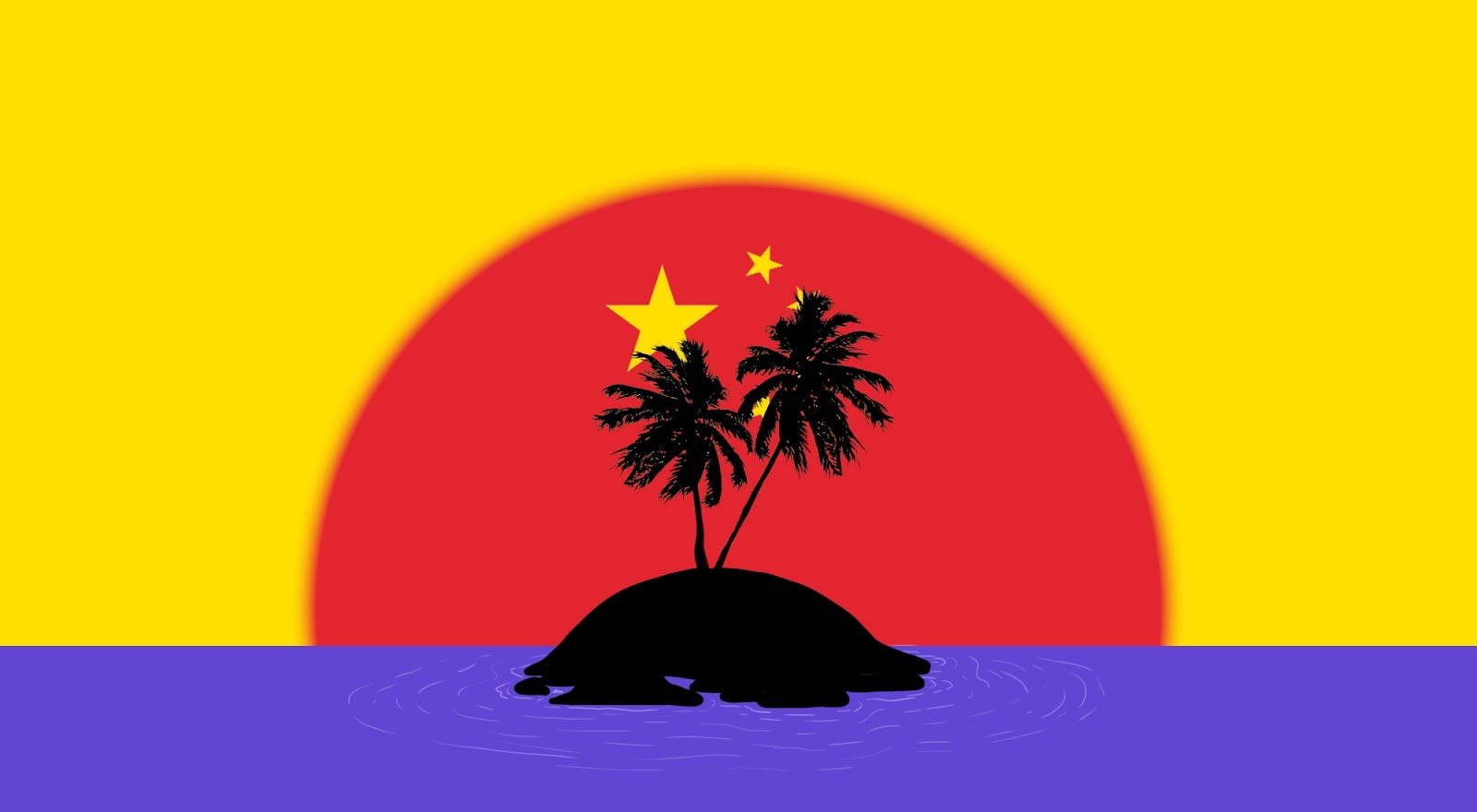 illustration of Caribbean island with sun behind it that is just the Chinese flag