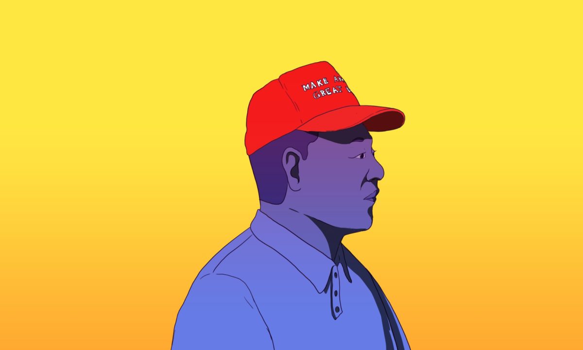 Illustration of a Chinese trump supporter wearing a Make America Great Again hat