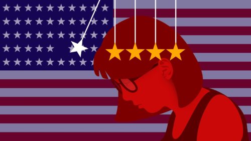 Illustration of Chinese girl depressed in America alienated by liberals and conservatives American flag background