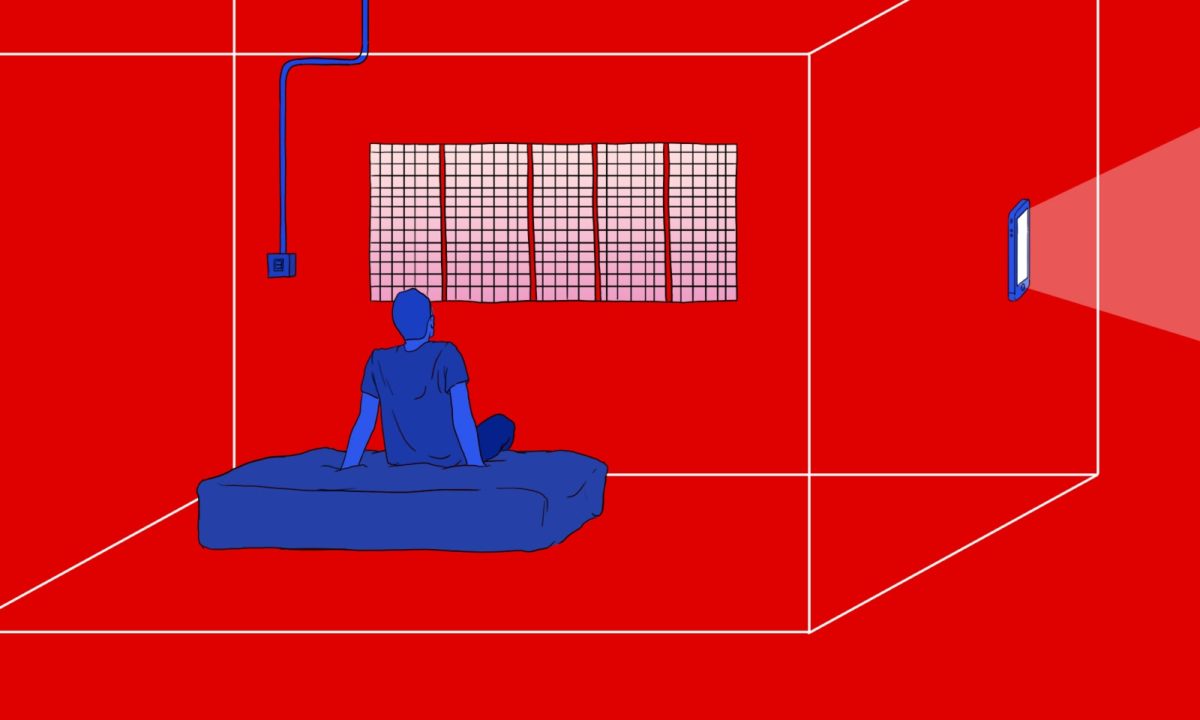 illustration of a man shackled to a bed in a quarantine room