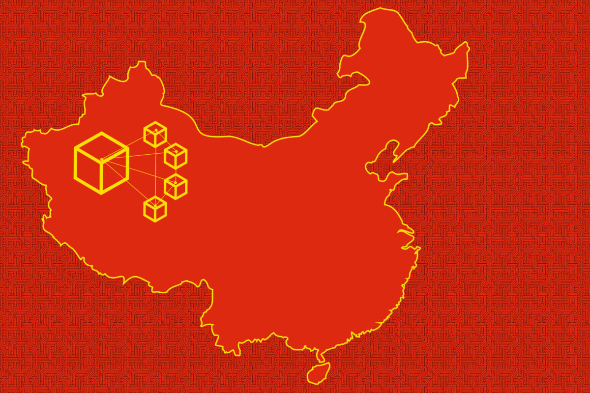 an illustration of china, with interconnected blocks representing the five stars, to illustrate a china blockchain concept