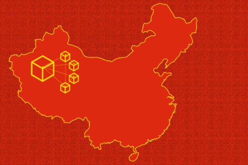 an illustration of china, with interconnected blocks representing the five stars, to illustrate a china blockchain concept
