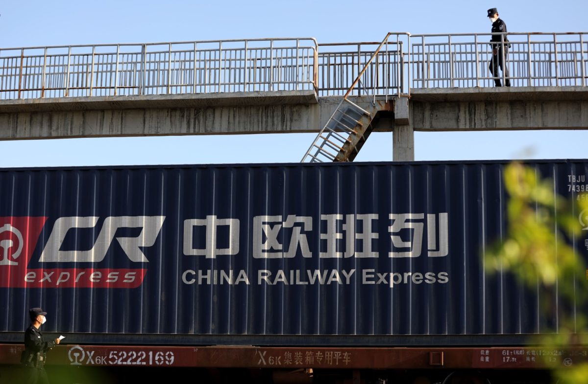 a railway car in china, going through inspection before heading to europe