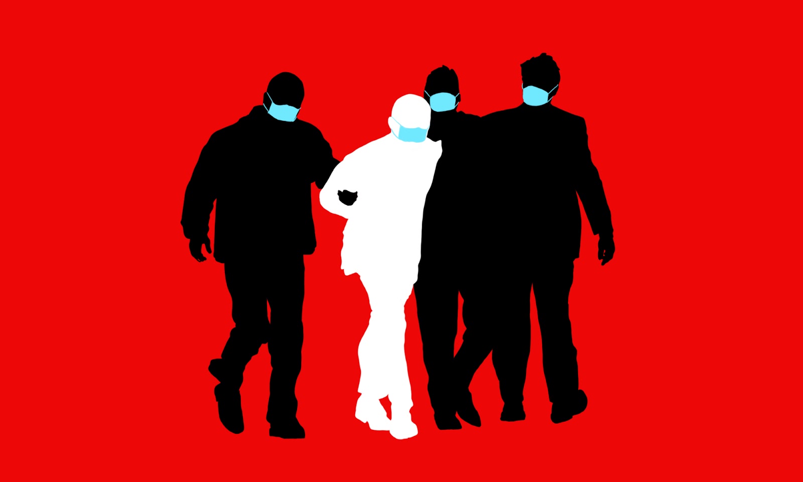an illustration of a man being led away in handcuffs by three police officers, all of them wearing face masks