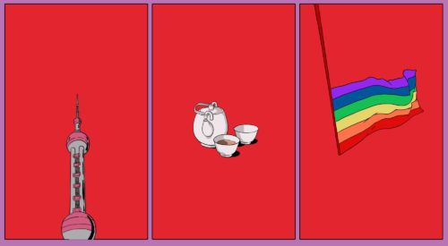 an illustration of shanghai, pride flag, and having tea (being interrogated by police)
