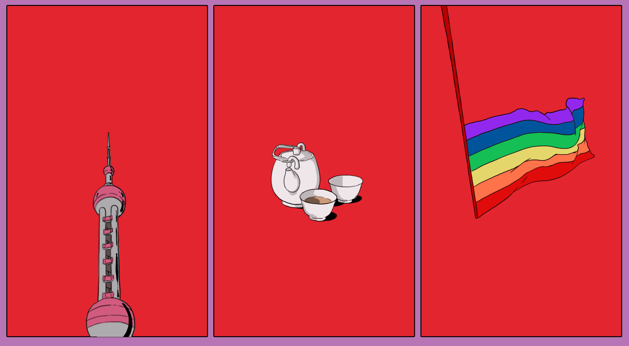 an illustration of shanghai, pride flag, and having tea (being interrogated by police)