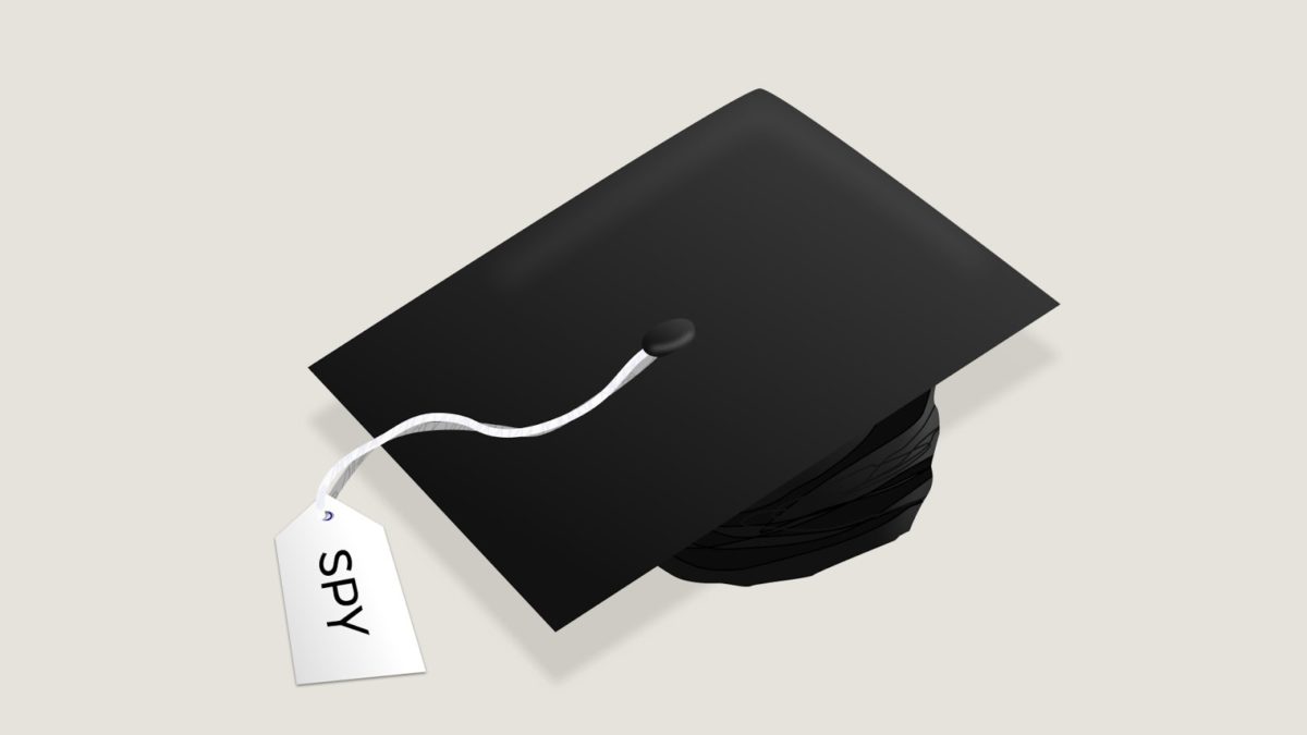 graduation cap with a label that says "spy"