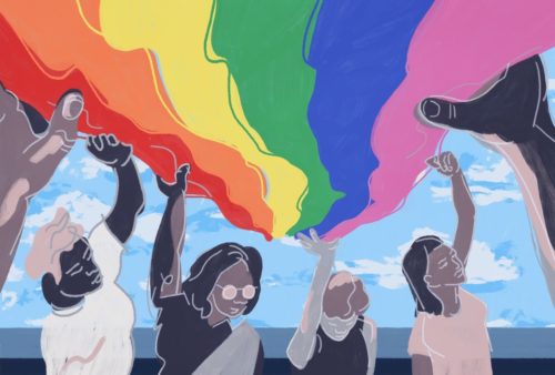 chinese women holding rainbow flat lgbtq