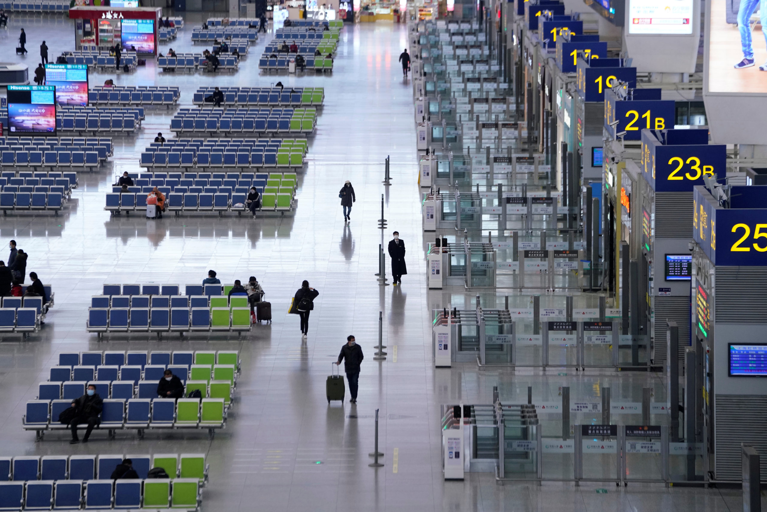 Travellers are seen at the Shanghai Hongqiao Railway Station on the last day of the Spring Festival travel rush, as the country is hit by an outbreak of the novel coronavirus, in Shanghai