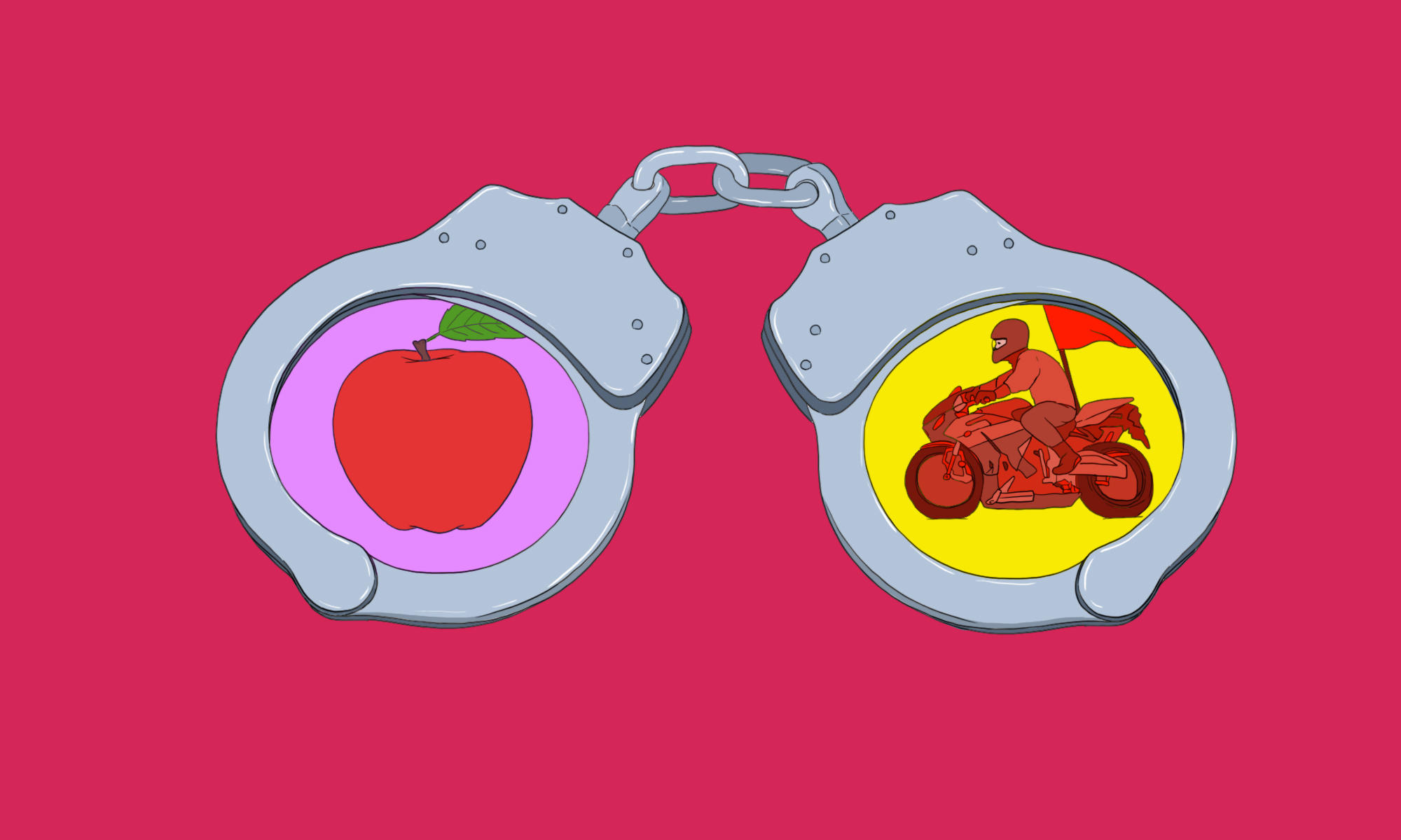 apple daily and other targets of hong kong's national security law, depicted in hand cuffs