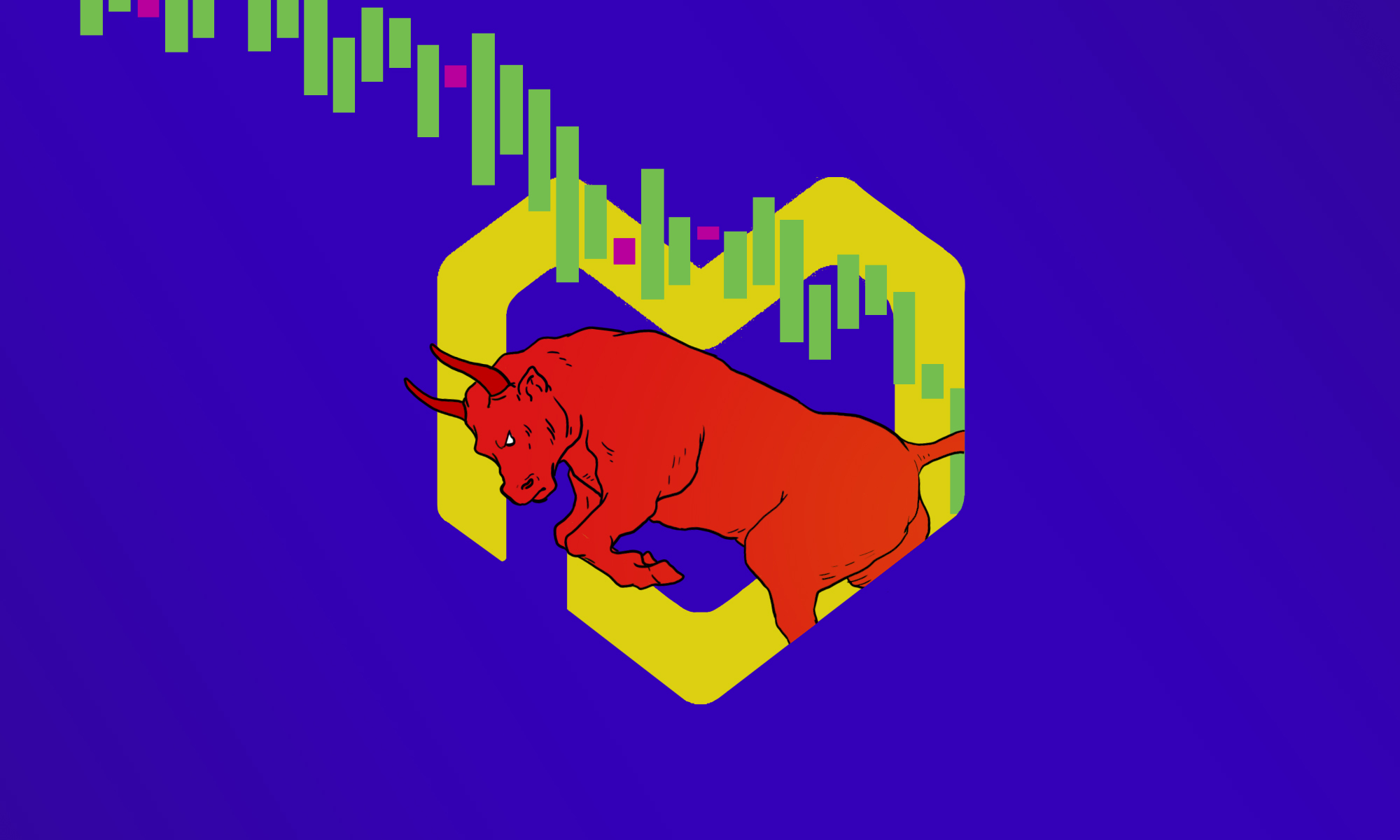 a bull jumping through heart with stock chart