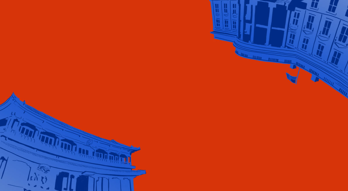 symbols of u.s. and china in blue, on a red background