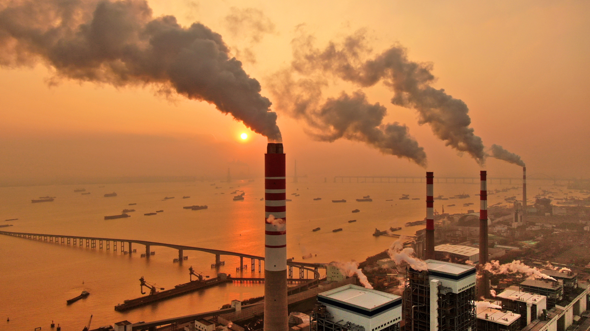 Photo of a coal plant in Jiangsu, China, at sunset