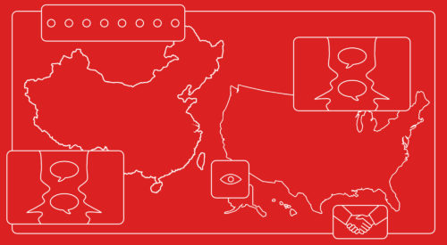 illustration of us and china watching talking