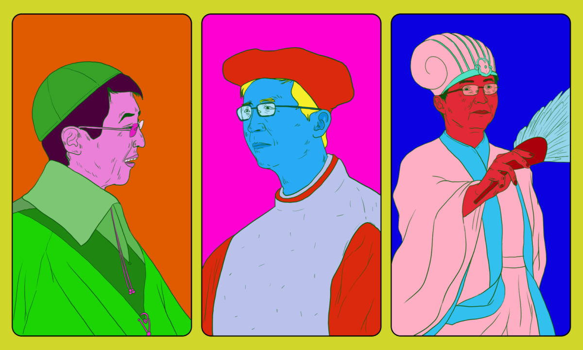 Wang as Cardinal Richelieu, as Machiavelli, and as Zhuge Liang in pop art style