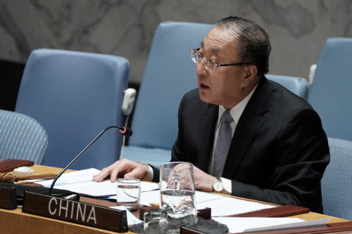 China’s ambassador to the UN, Zhāng Jūn 张军, speaks at a Security Council meeting on March 10, 2020.