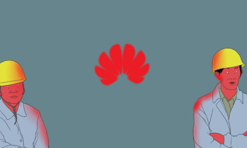 Red Huawei logo in center with two red construction workers in yellow hard hats on either side