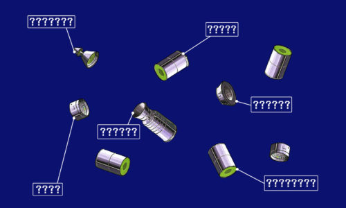 rocket parts on blue background with question marks